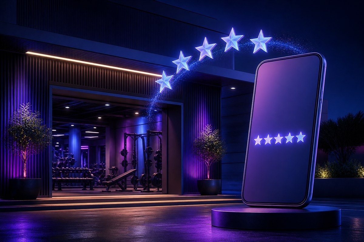Five positive review stars rising from a modern business entrance