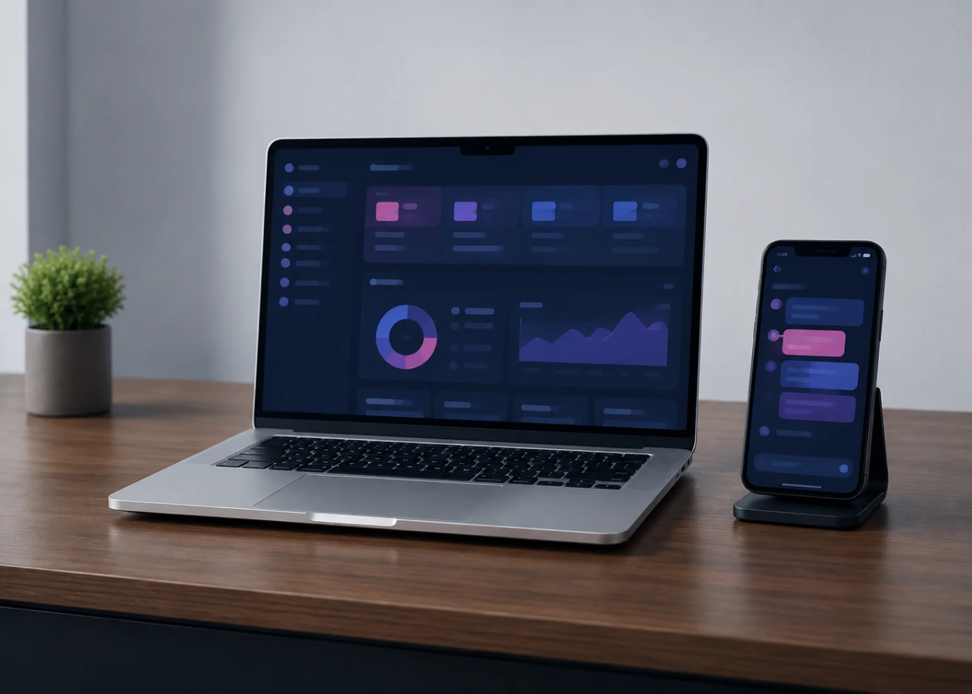 Laptop with a customer dashboard beside a smartphone showing message conversations